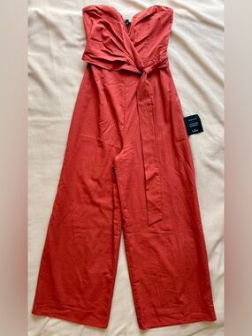 Lulu's Brick Red Strapless Wide-Leg Jumpsuit with Waist Tie🧡